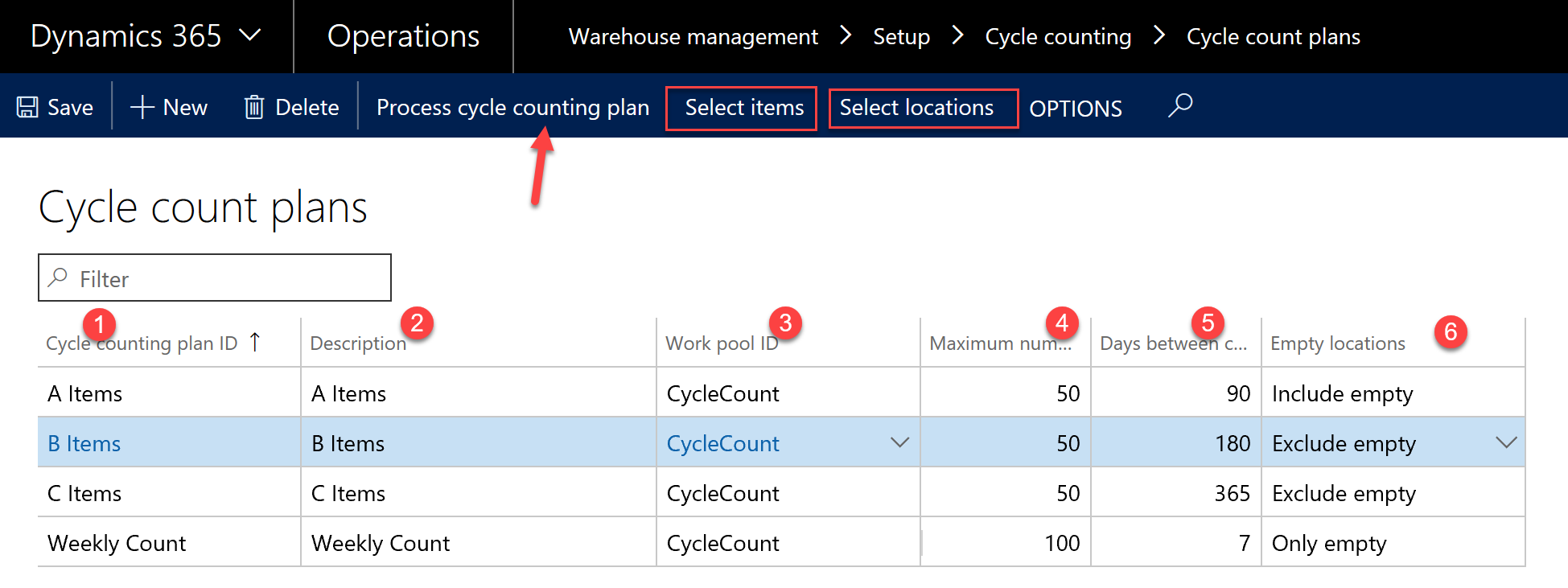 D365  Cycle count plans screenshot